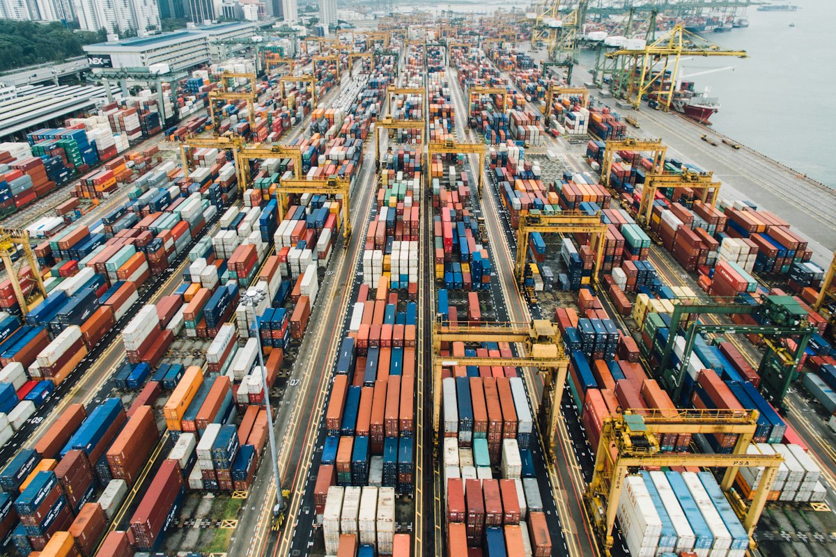 Containers and cranes at a shipping terminal